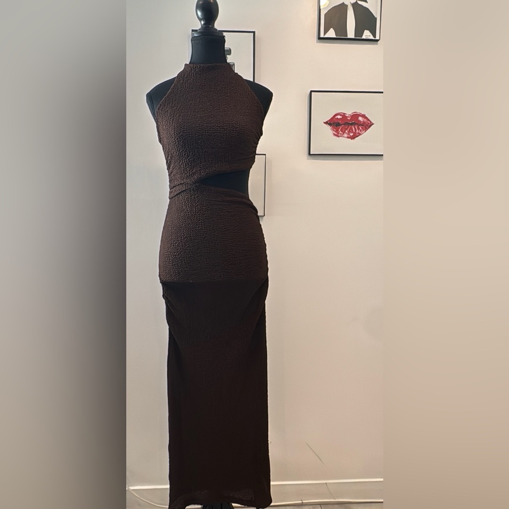 Zara Brown Cutout Maxi Dress Textured Bodycon Halter Side Slit. Size S